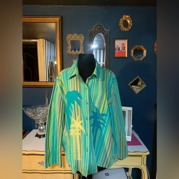 Green Stripe Linen Button Down Shirt Jacket Palm Tree Appliqué Woman’s Lg 12/14 - Picture 2 of 8